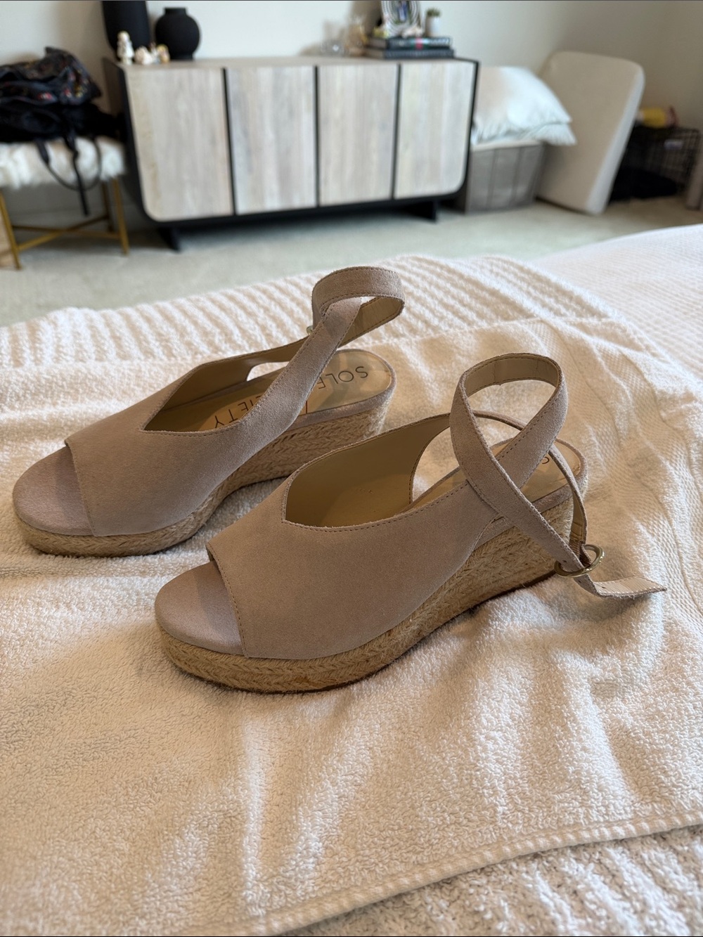 Sole Society Beige Suede Espadrille Wedge Sandals